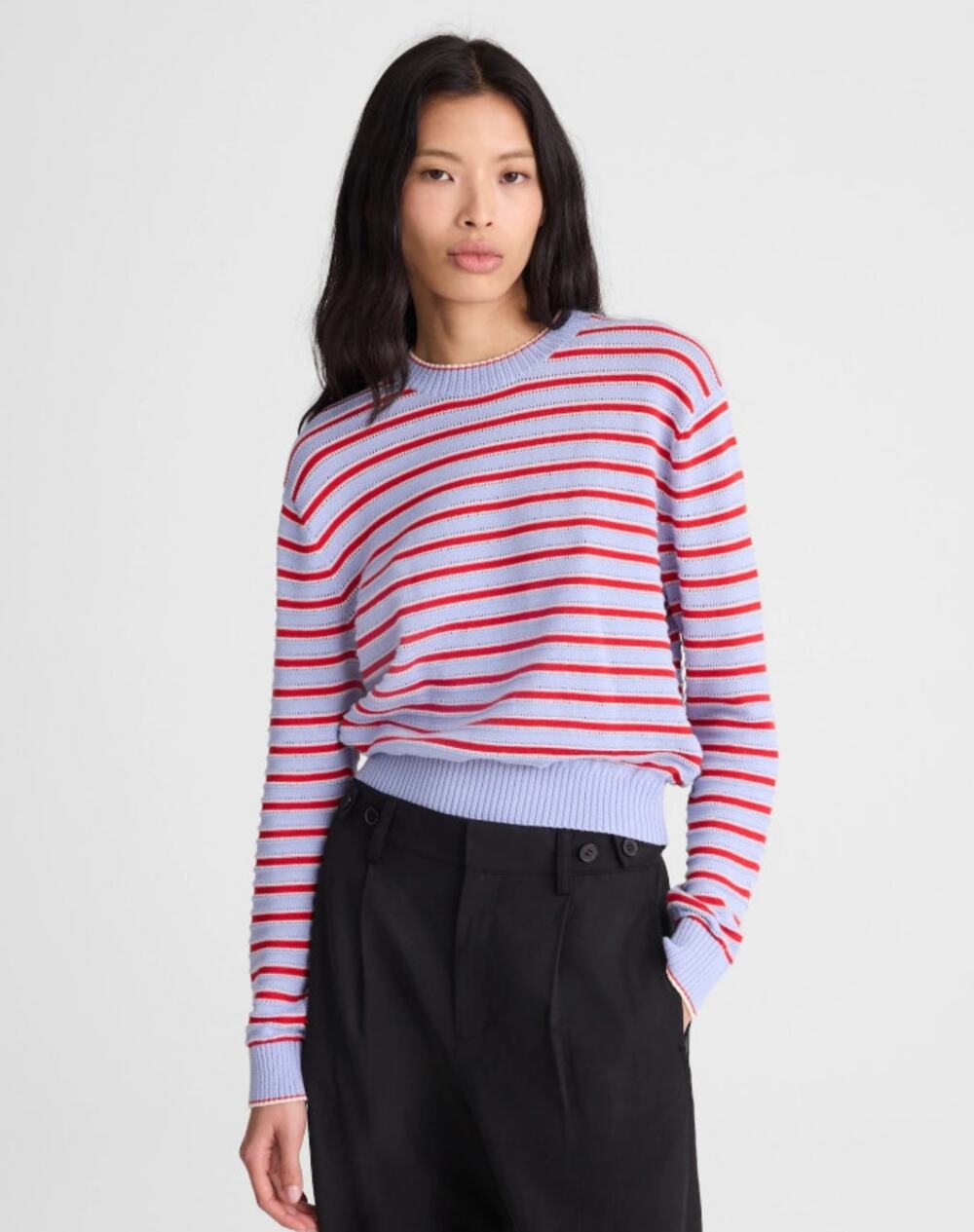 NWT Madewell Striped Textured Stitch Crewneck Sweater 100% Cotton Light Blue XS